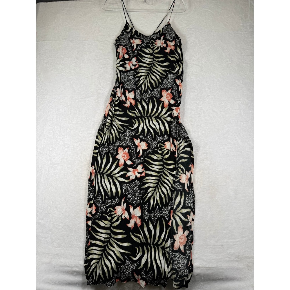 Le Salty Label Womens Medium Tropical Floral Palm Print Maxi Dress Black Boho